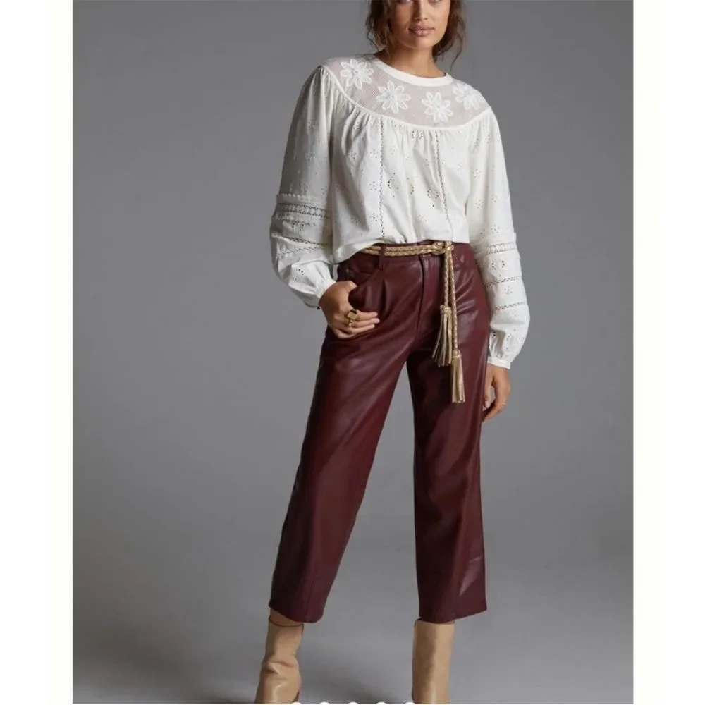 Anthropologie Pilcro The Breaker Cropped Faux Leather Pants Wine Size 27 - Picture 4 of 6